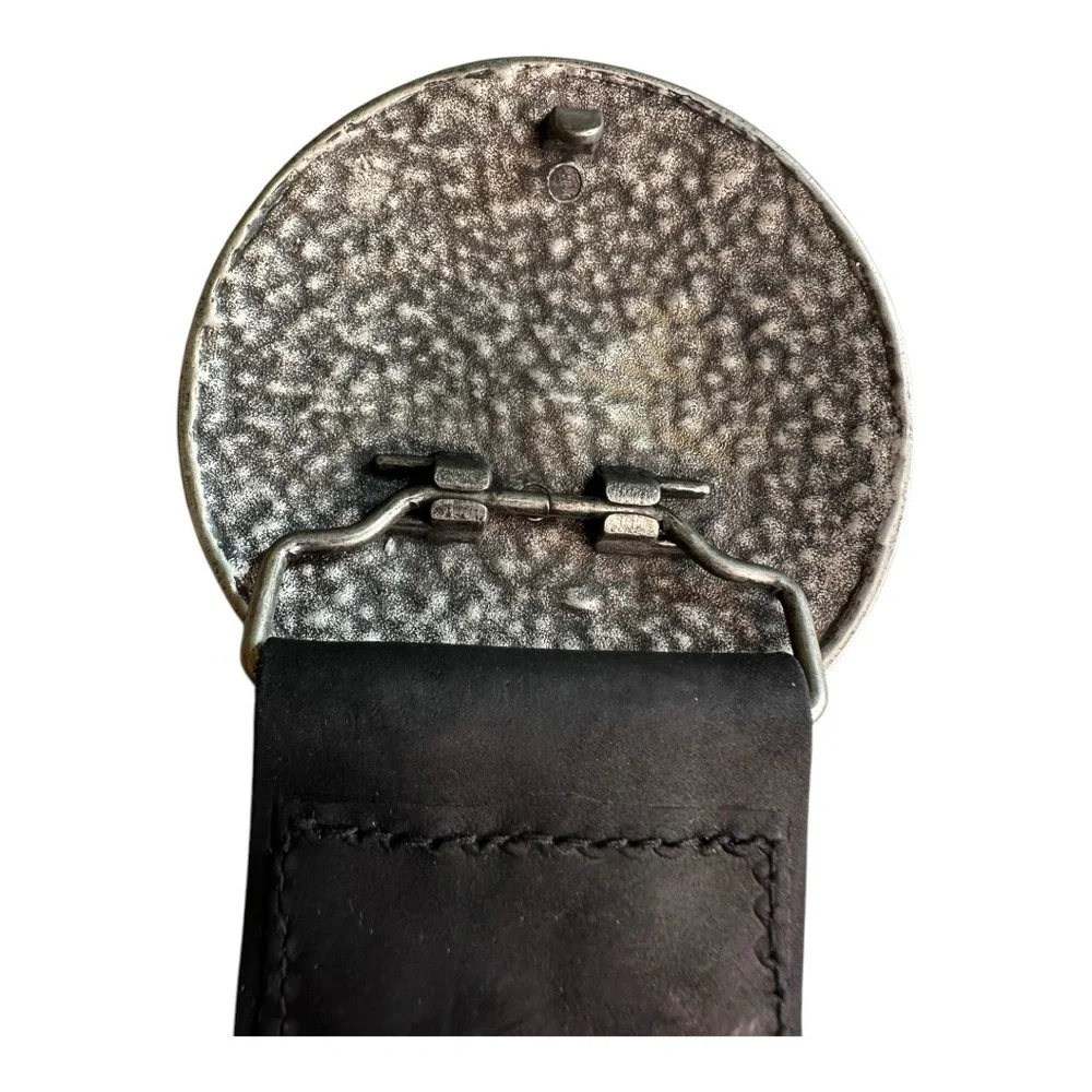 Liz Claiborne Black Leather Braided Belt Silver Tone Metal Hammered Round Buckle